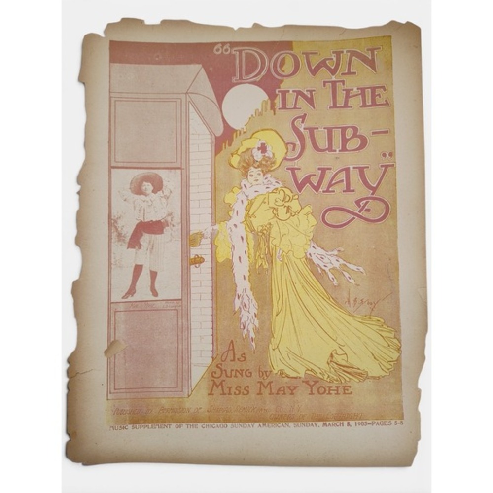 Down In The Subway 1905 Antique Sheet Music Edwardian Woman Yellow Dress Chicago